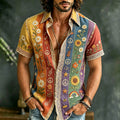 Men's Hippie Plant Flower And Peace Symbol Art Patchwork Vintage Cotton Linen Short-sleeved Shirt