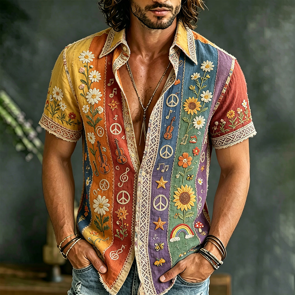 Men's Hippie Plant Flower And Peace Symbol Art Patchwork Vintage Cotton Linen Short-sleeved Shirt