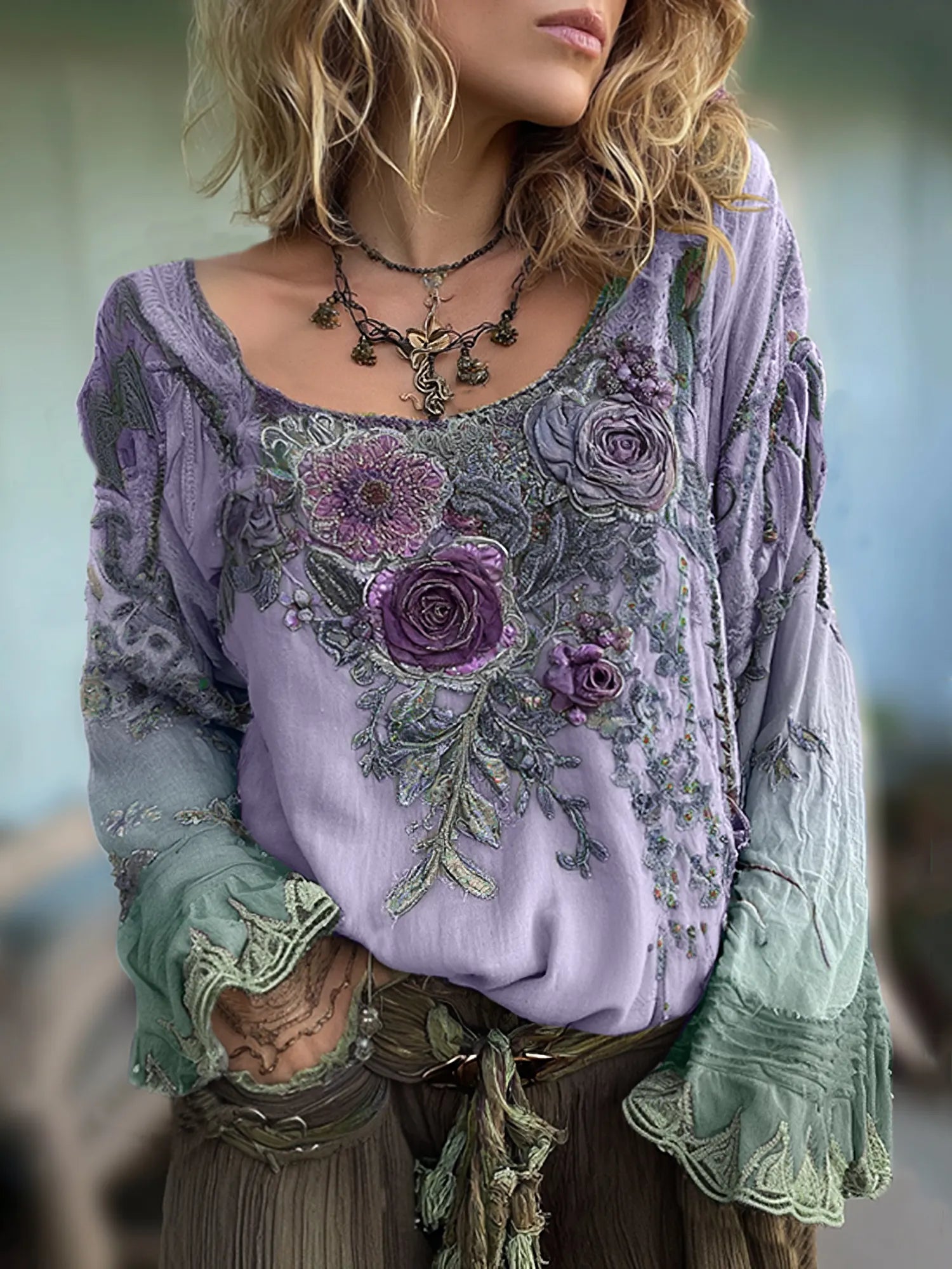 Vintage Purple Lavender And Floral Embroidered Linen Long Sleeve Shirt