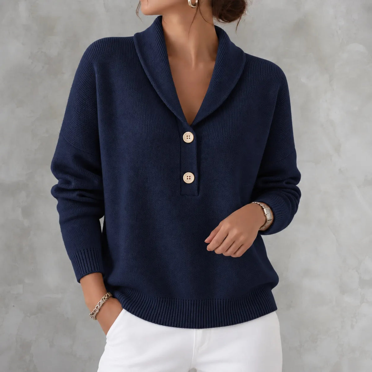 Elegant Solid Color Collar Button Knit Sweater