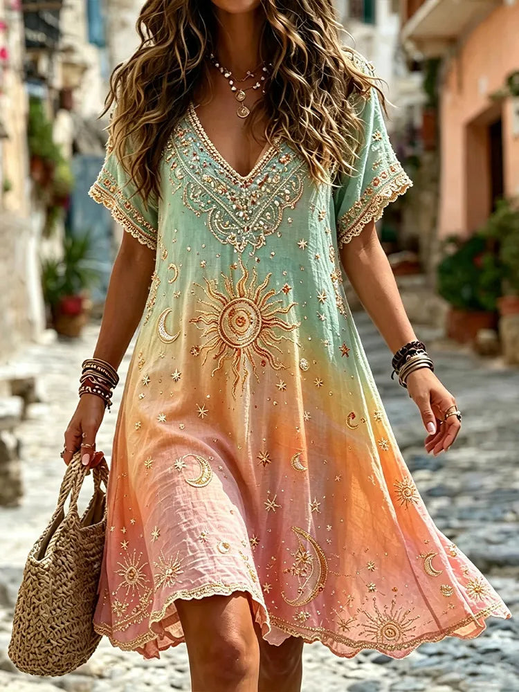 Retro Mint Peach Gradient Sun And Moon Embroidered Hippie Style Dress