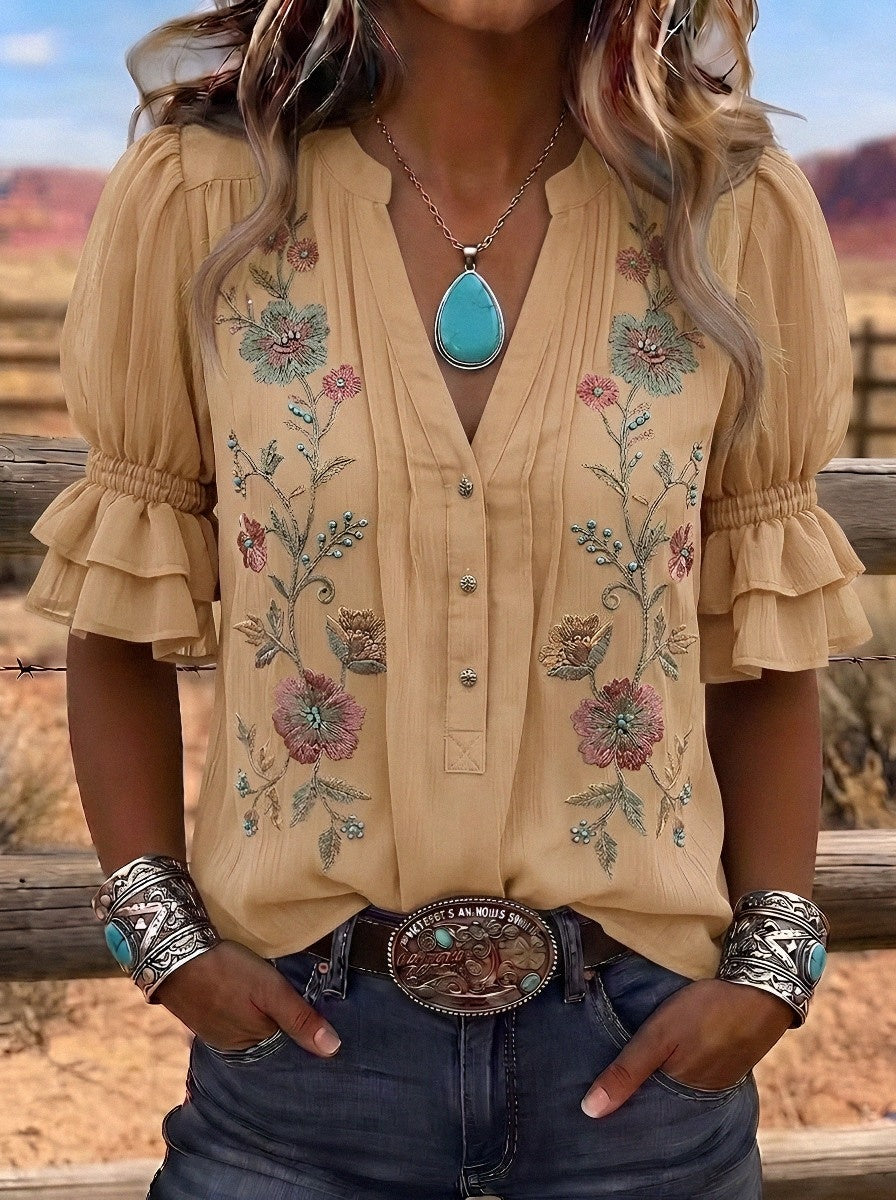 Women's Western Vintage Floral Embroidered Ruffle Sleeve Top