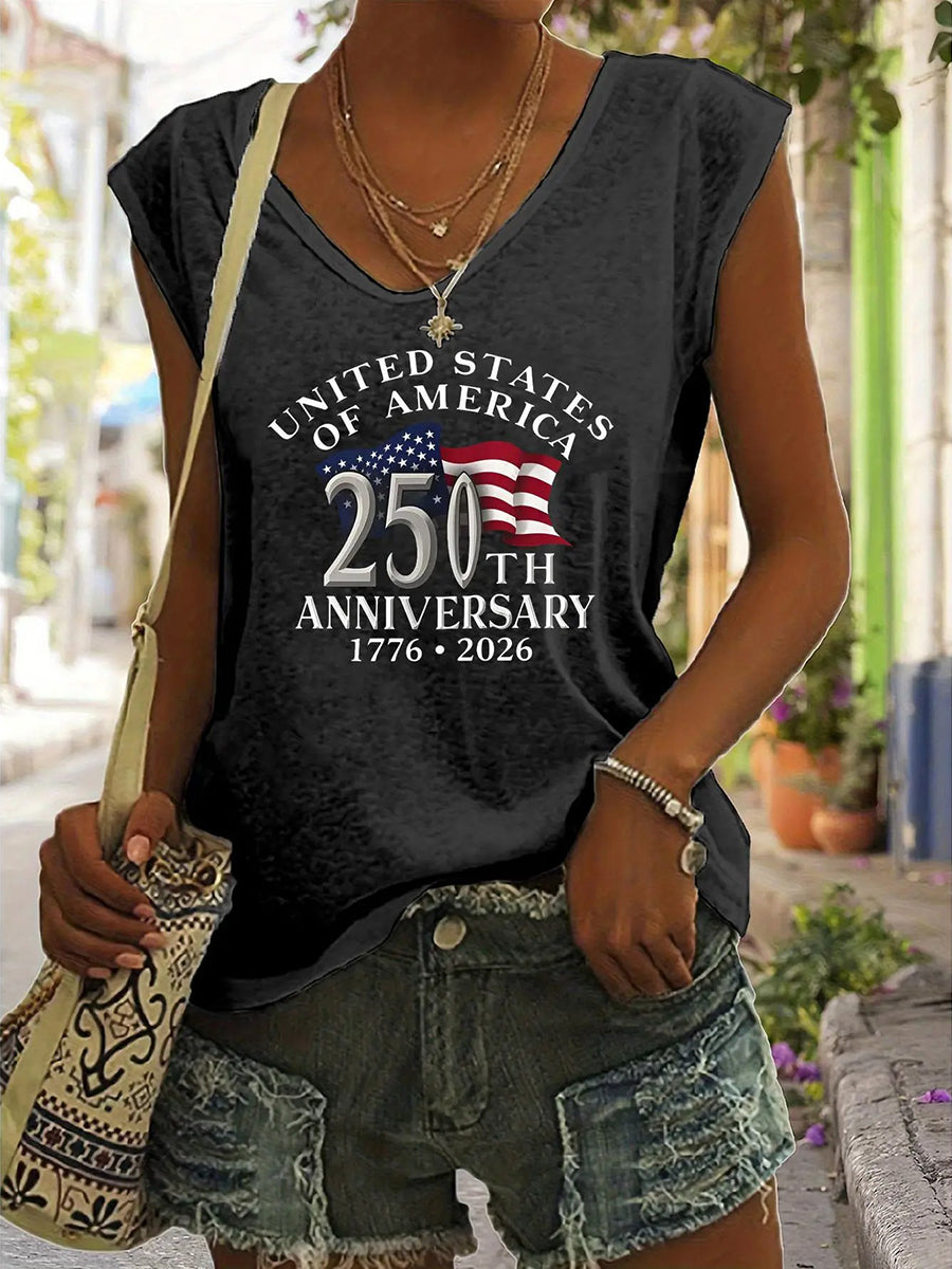 American Flag 250th Anniversary Print V-neck Tank Top