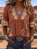 Women's Western Vintage Floral Lace Trimmed Printed Top