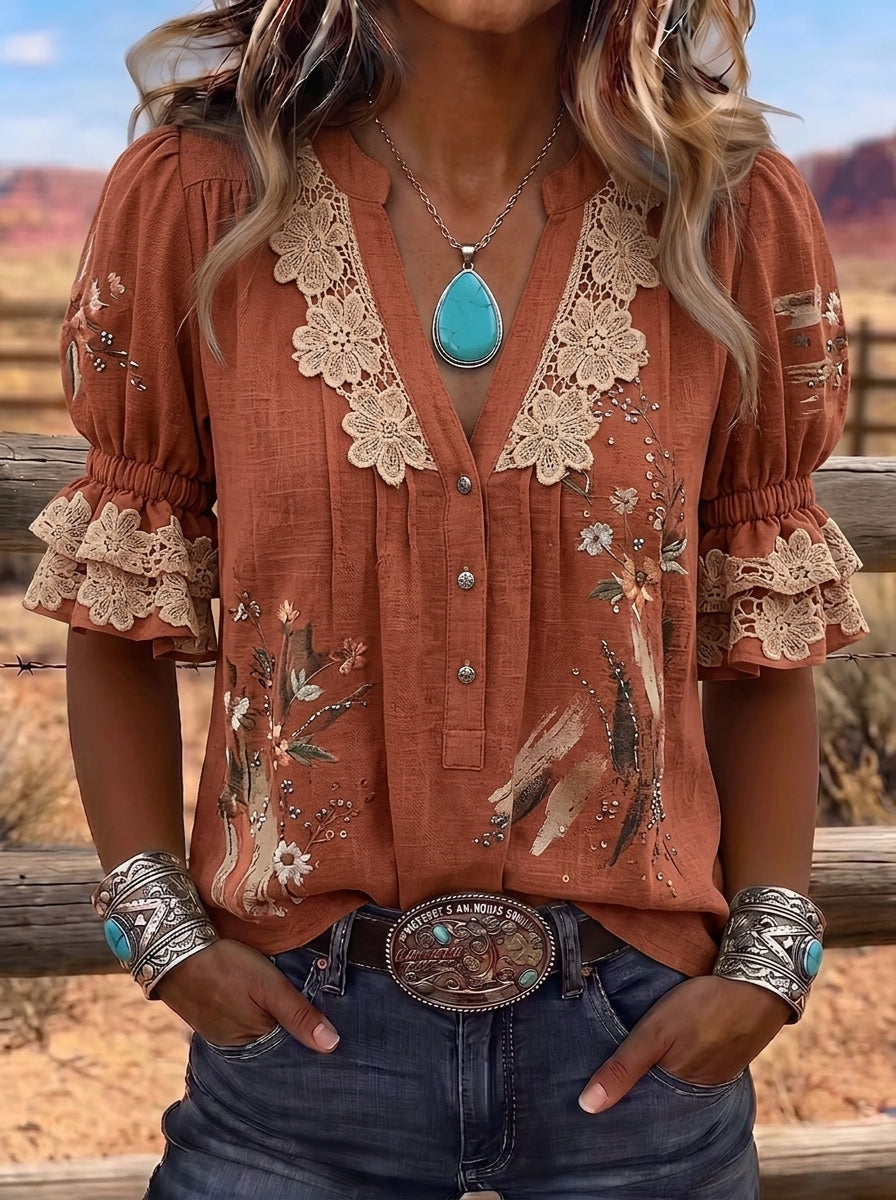 Women's Western Vintage Floral Lace Trimmed Printed Top