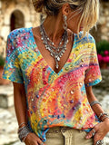 Women's Retro Bohemian Hippie Style Printed V-neck Short-sleeve Top