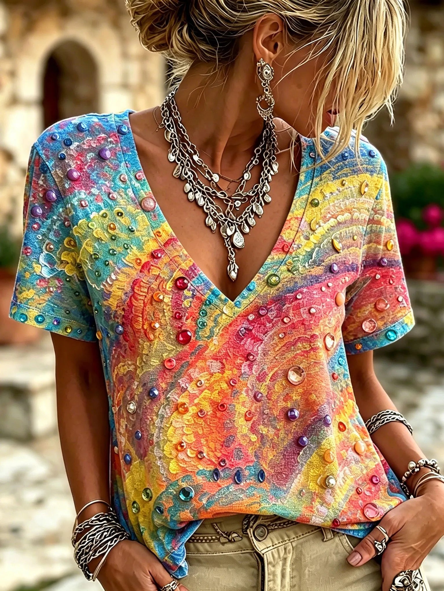 Women's Retro Bohemian Hippie Style Printed V-neck Short-sleeve Top