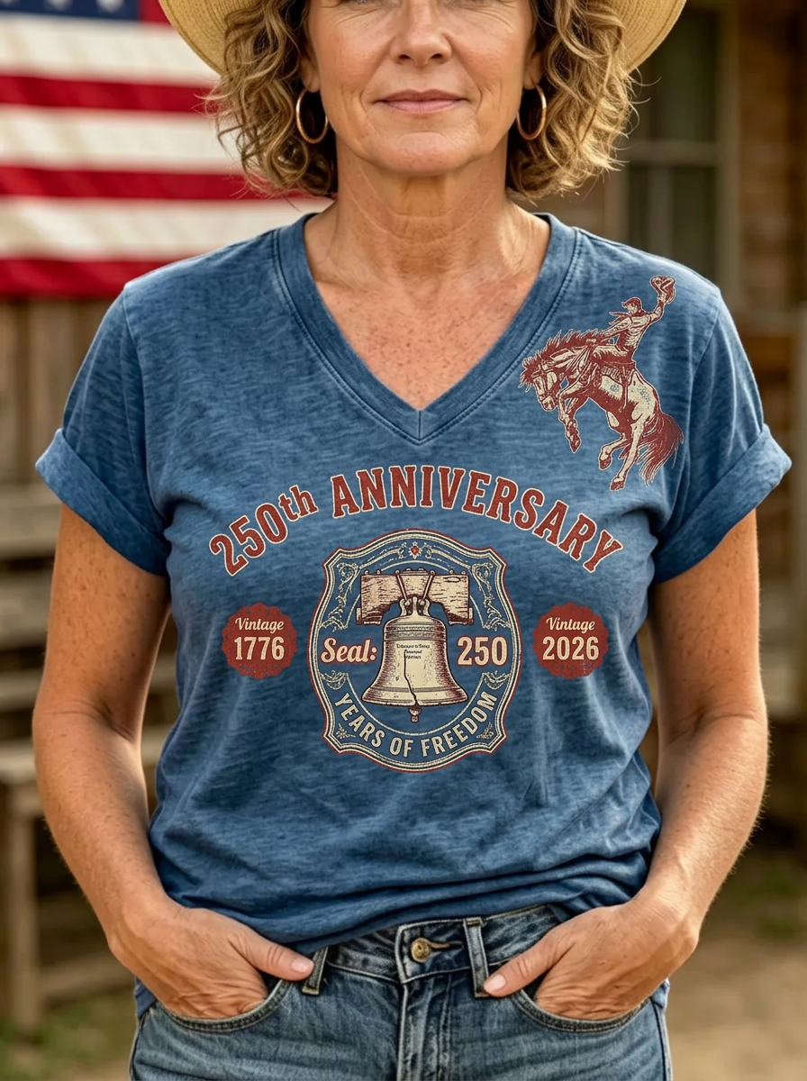 Women's Western 4th July Liberty Bell Cowboy Printed T-shirt