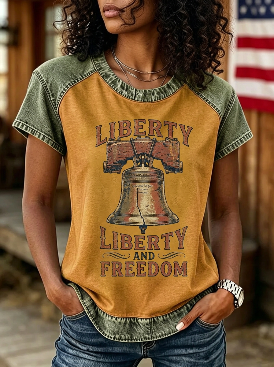 Women's Western Independence Day Liberty Bell Printed T-shirt