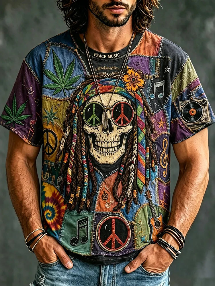 Men's Hippie Peace Music Skull Design T-shirt