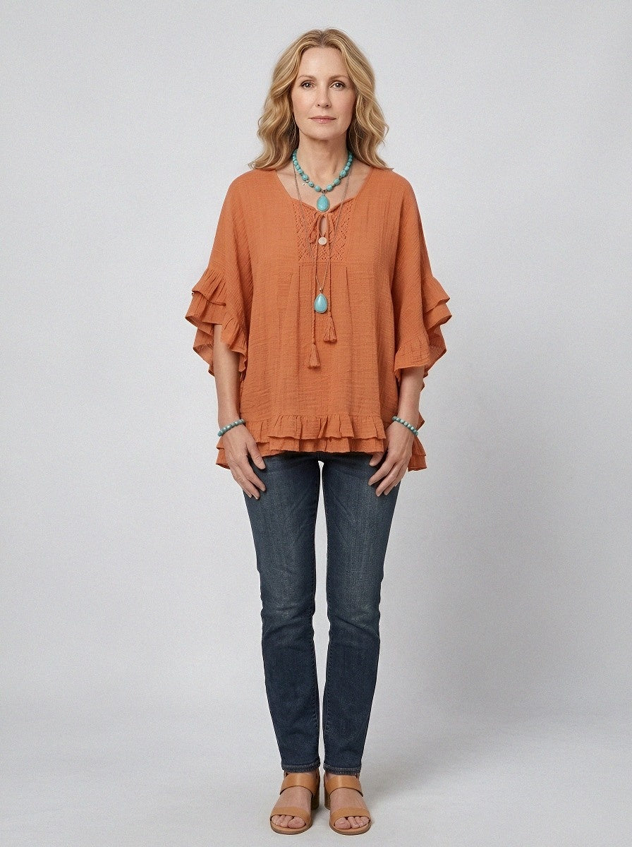 Women's Western Vintage Ruffle Lace-Trimmed Printed Top