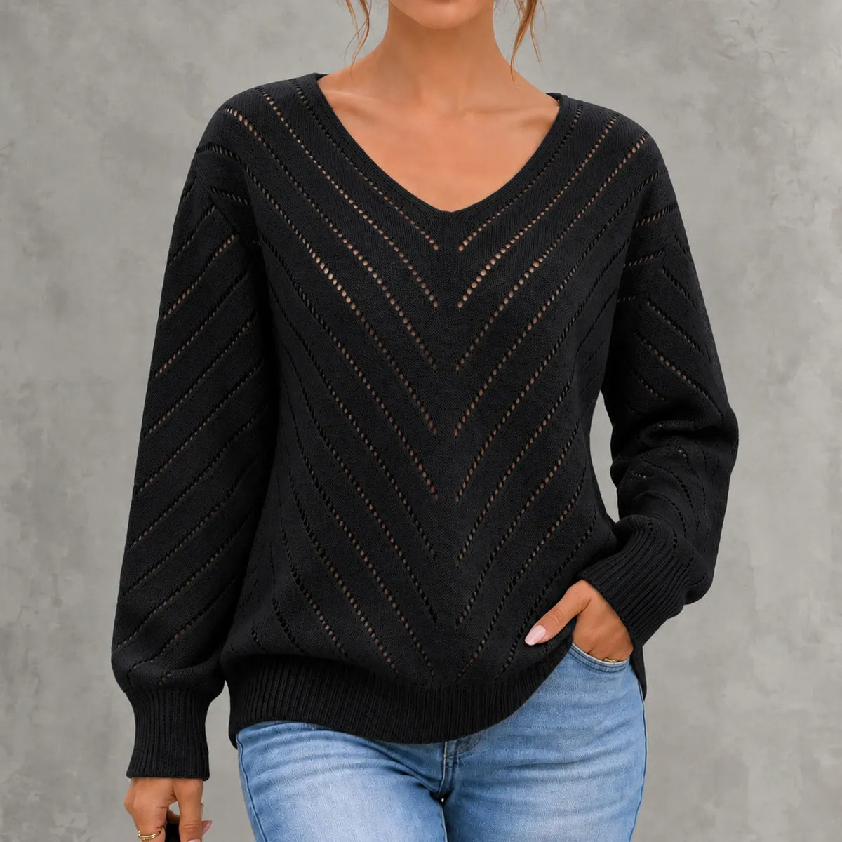 Elegant Openwork Long-sleeved Pullover Sweater