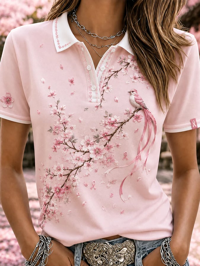 Women's Breast Cancer Awareness Print Polo Shirt