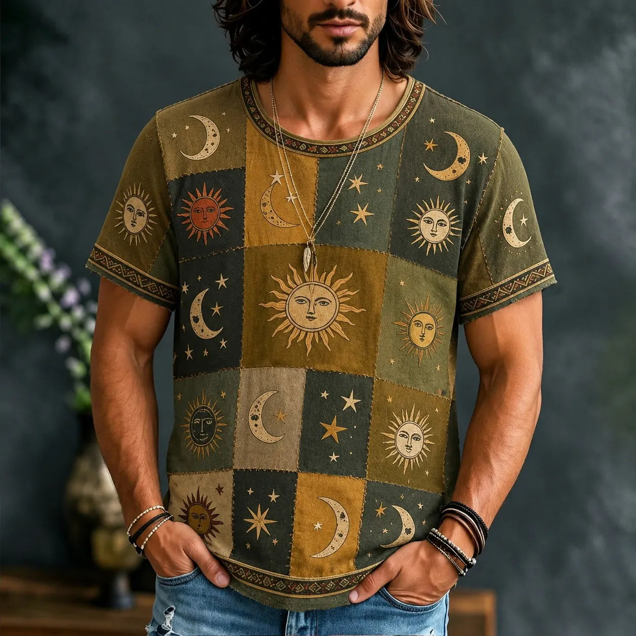 Men's Hippie Sun Moon Geometric Patchwork Print Short Sleeve T-shirt