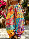 Women's Bohemian-style Color-blocked Print Drawstring Wide-leg Trousers, Adorned With Geometric And Peace Symbol Patterns.