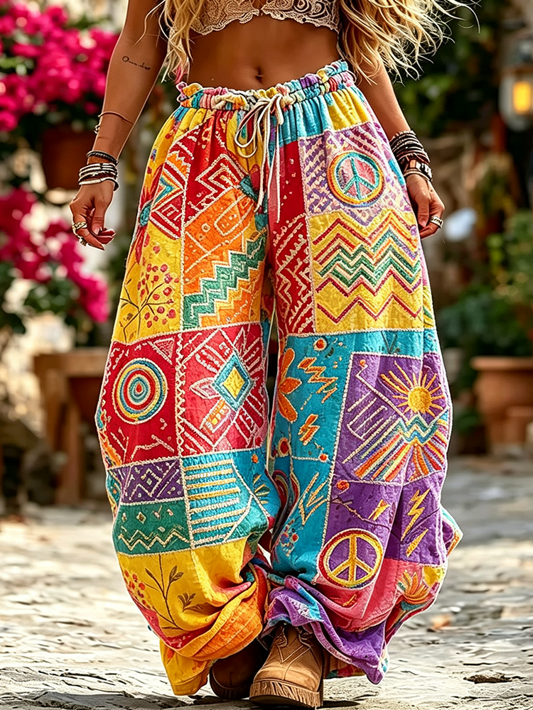 Women's Bohemian-style Color-blocked Print Drawstring Wide-leg Trousers, Adorned With Geometric And Peace Symbol Patterns.