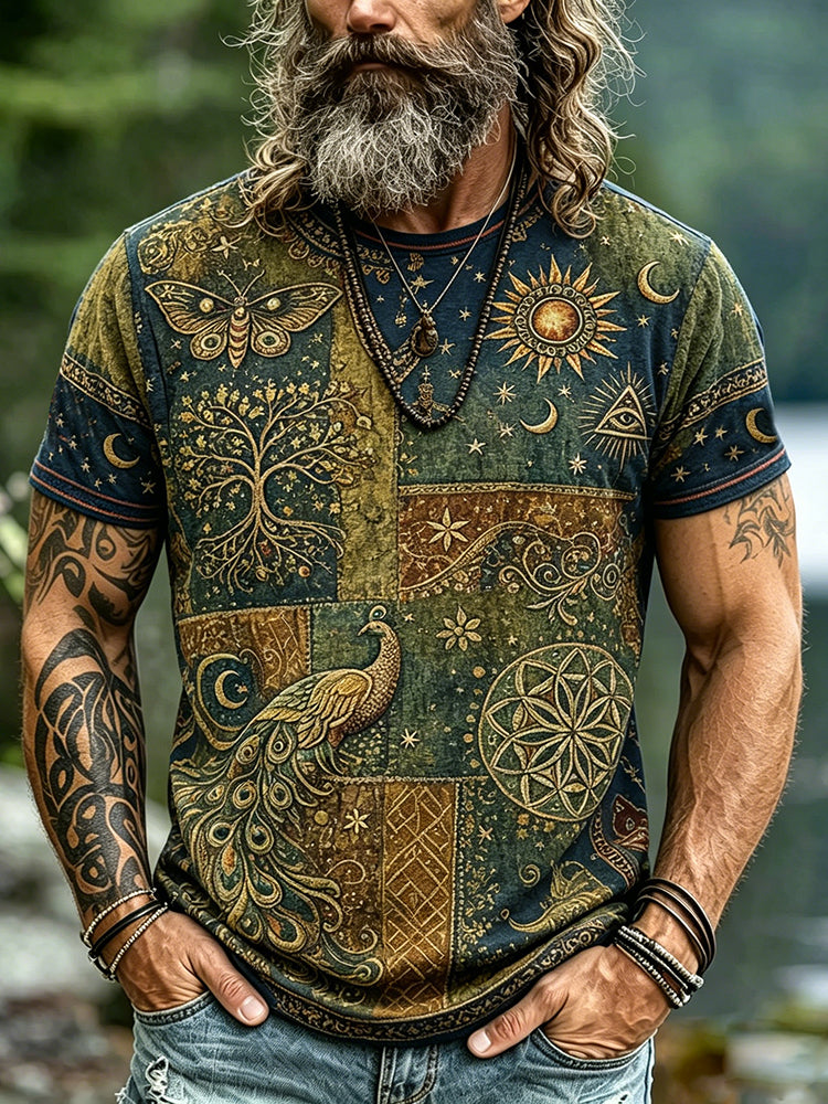 Men's Retro Color Block Sun, Moon, And Tree Of Life Print Cotton Linen Crew Neck T-shirt
