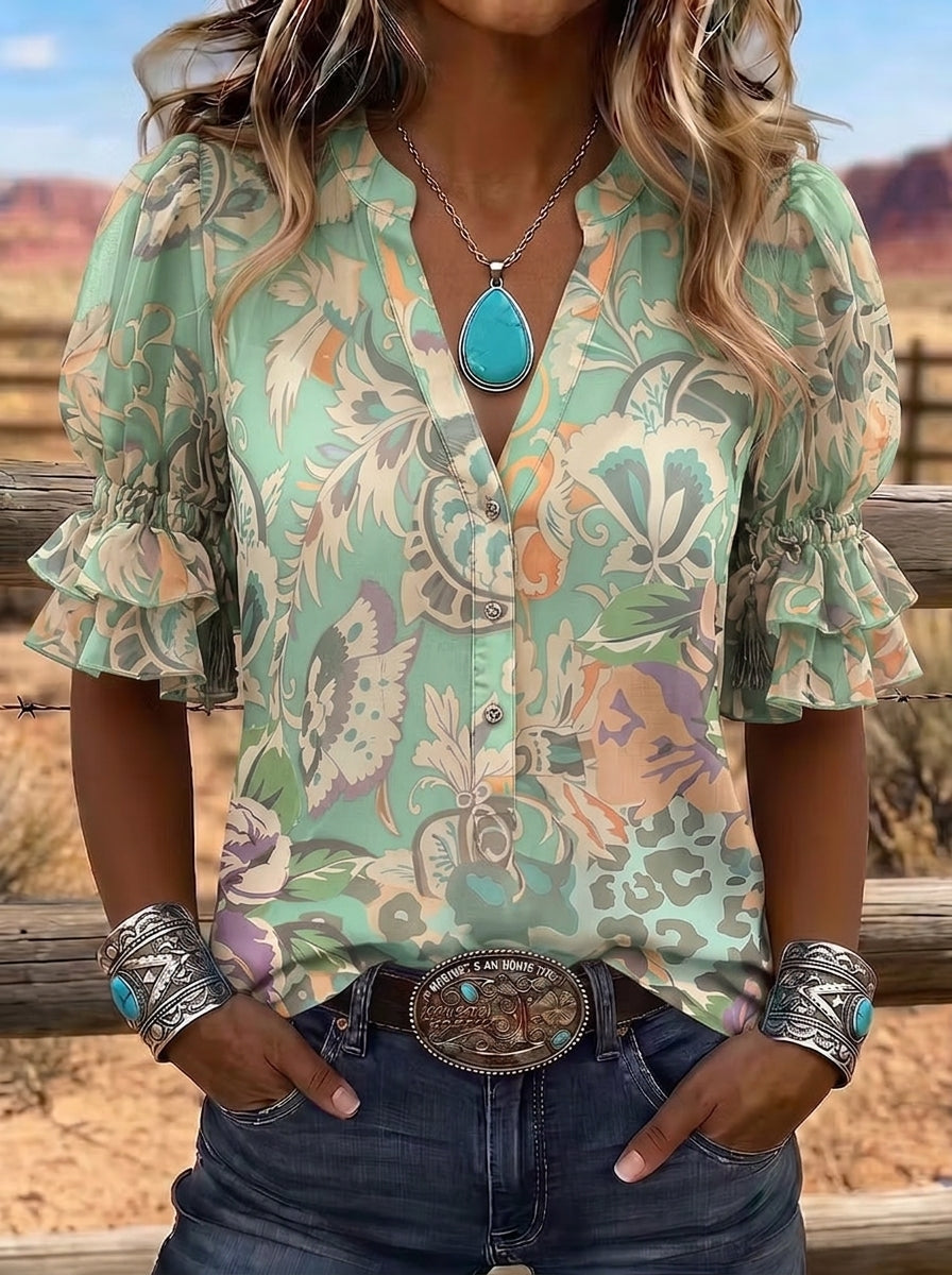 Women's Western Vintage Floral Paisley Printed Blouse