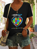 V-neck Autism Awareness I Wear Blue For My Son Print T-Shirt