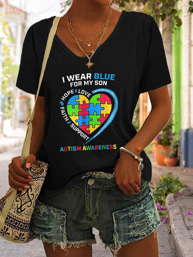 V-neck Autism Awareness I Wear Blue For My Son Print T-Shirt