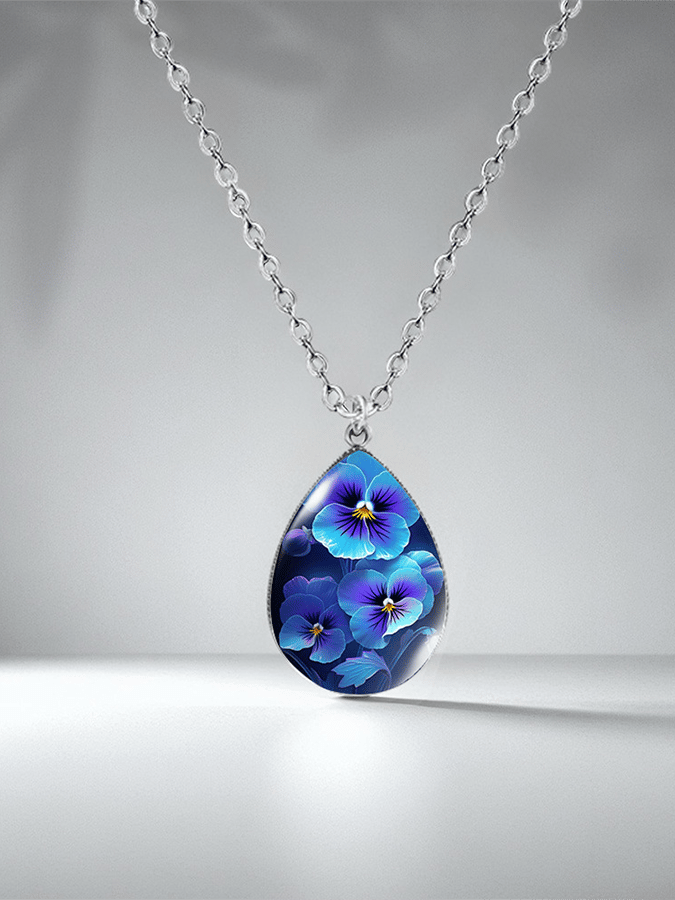Purple Drop-Shaped Pansy Flower Design Necklace