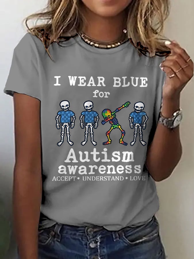 Women's Retro I Wear Blue For Autism Awareness Accept Understand Love Print T-Shirt