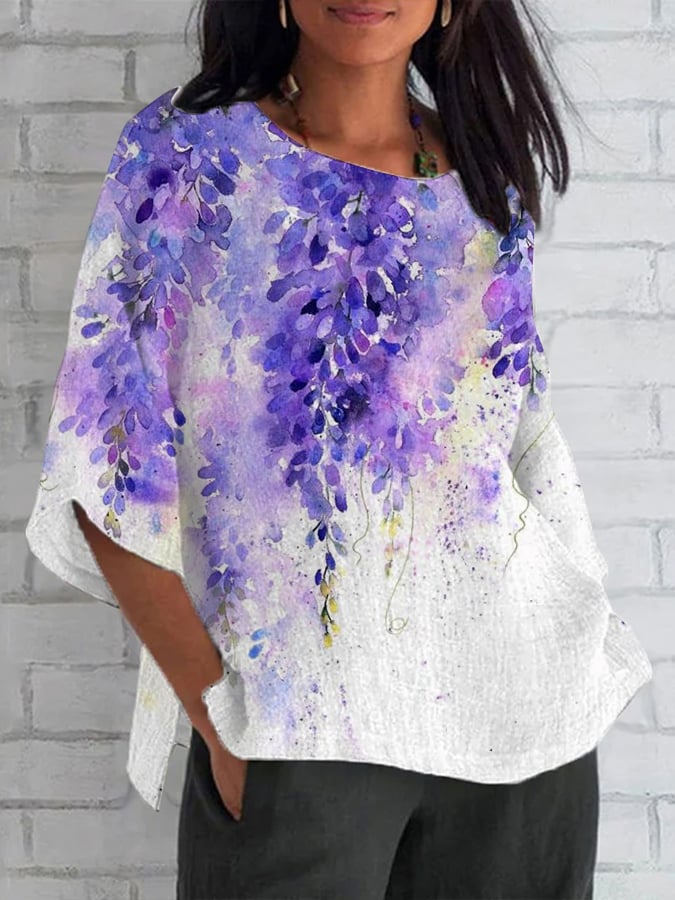 Women's Alzheimer'S  Purple Flowers Print Round Neck Loose Shirt