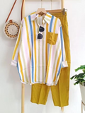 Women's Loungewear Sets 2 Pieces Long Sleeve Lapel Stripe Shirt and Wide Leg Pure Color Pants Simple Basic Casual Home Daily Going out Polyester Summer Spring Black Yellow