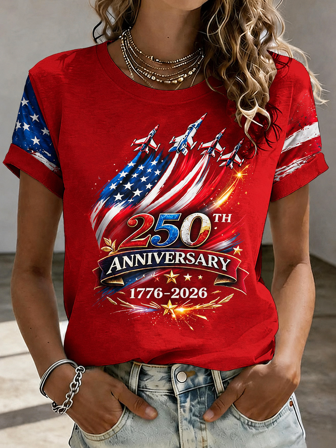 Women'S American Independence Day 250Th Anniversary Printed Short Sleeved T-Shirt