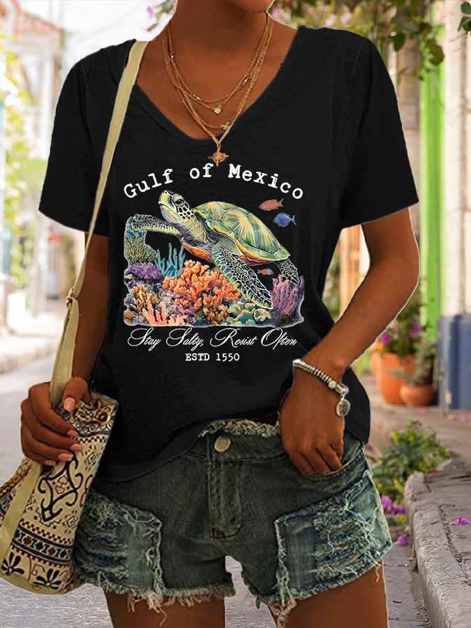 Women's Gulf Of Mexico Print V Neck Casual T-Shirt