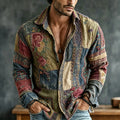 Men's Vintage Floral Patchwork Embroidered Art Print Flowy Linen Blend Casual Shirt