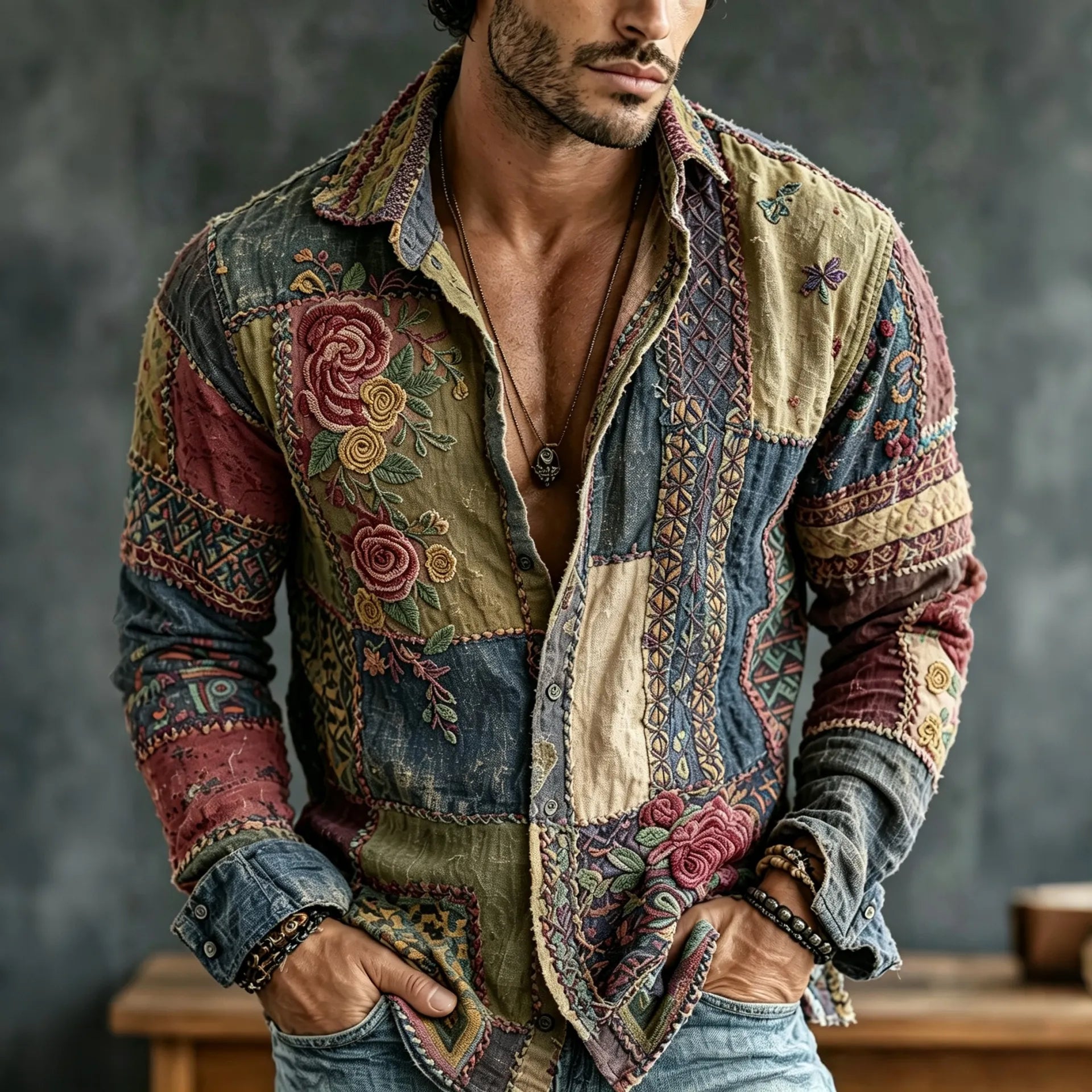 Men's Vintage Floral Patchwork Embroidered Art Print Flowy Linen Blend Casual Shirt