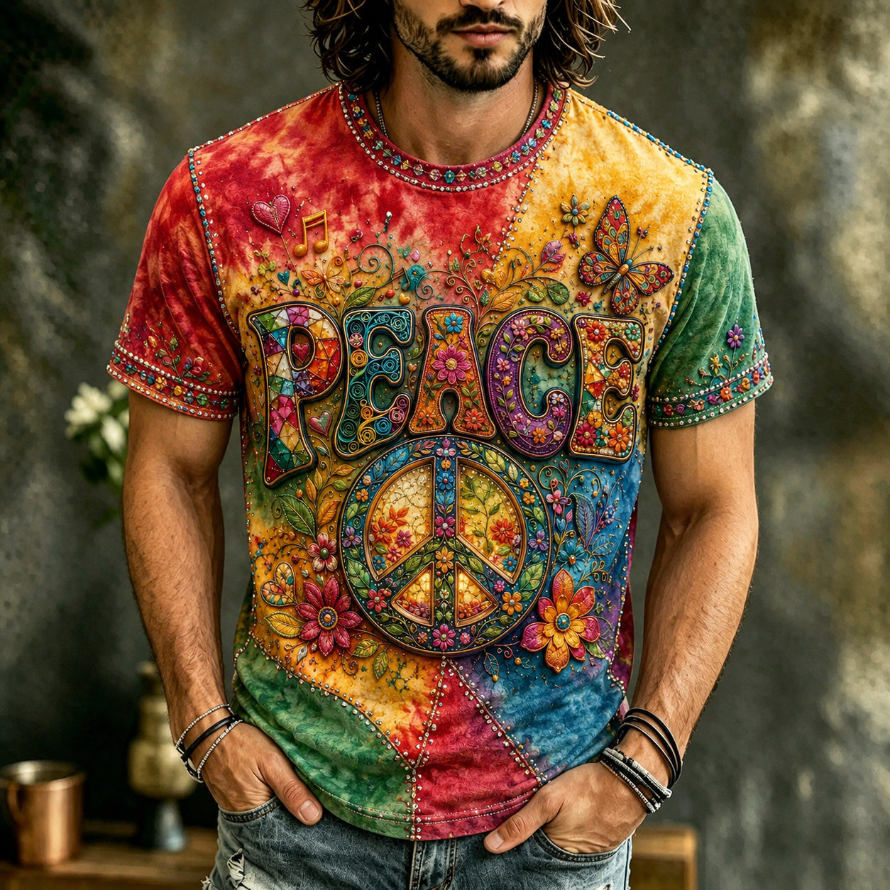 Men's Vintage Hippie Peace Flower Art Crew Neck Short Sleeve T-shirt