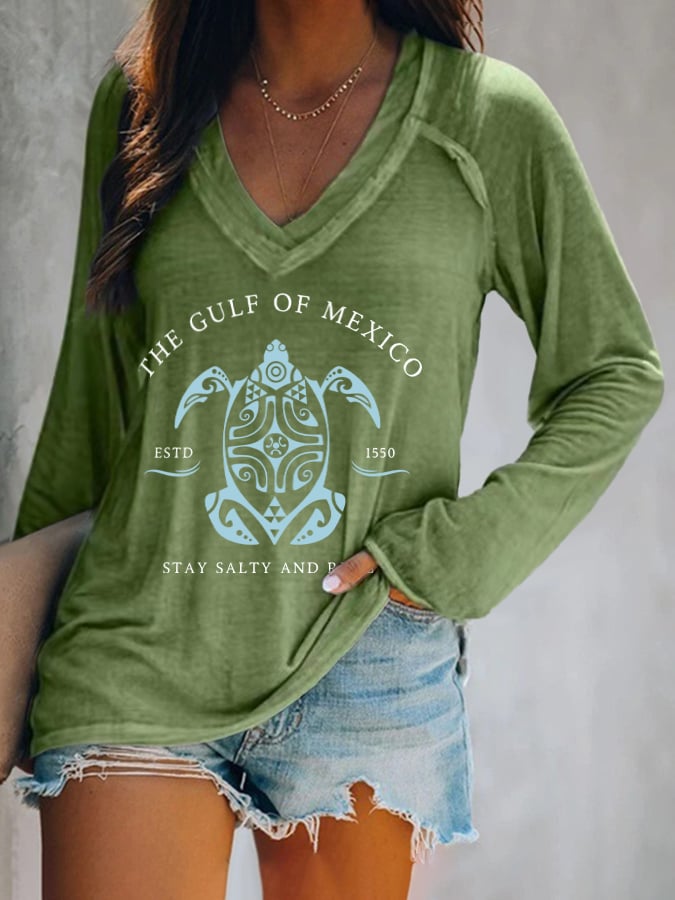 Women's Gulf Of Mexico Print V Neck T-Shirt