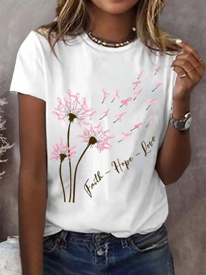 Women's Faith Hope Love Breast Cancer Awareness Printed Round Neck T-Shirt