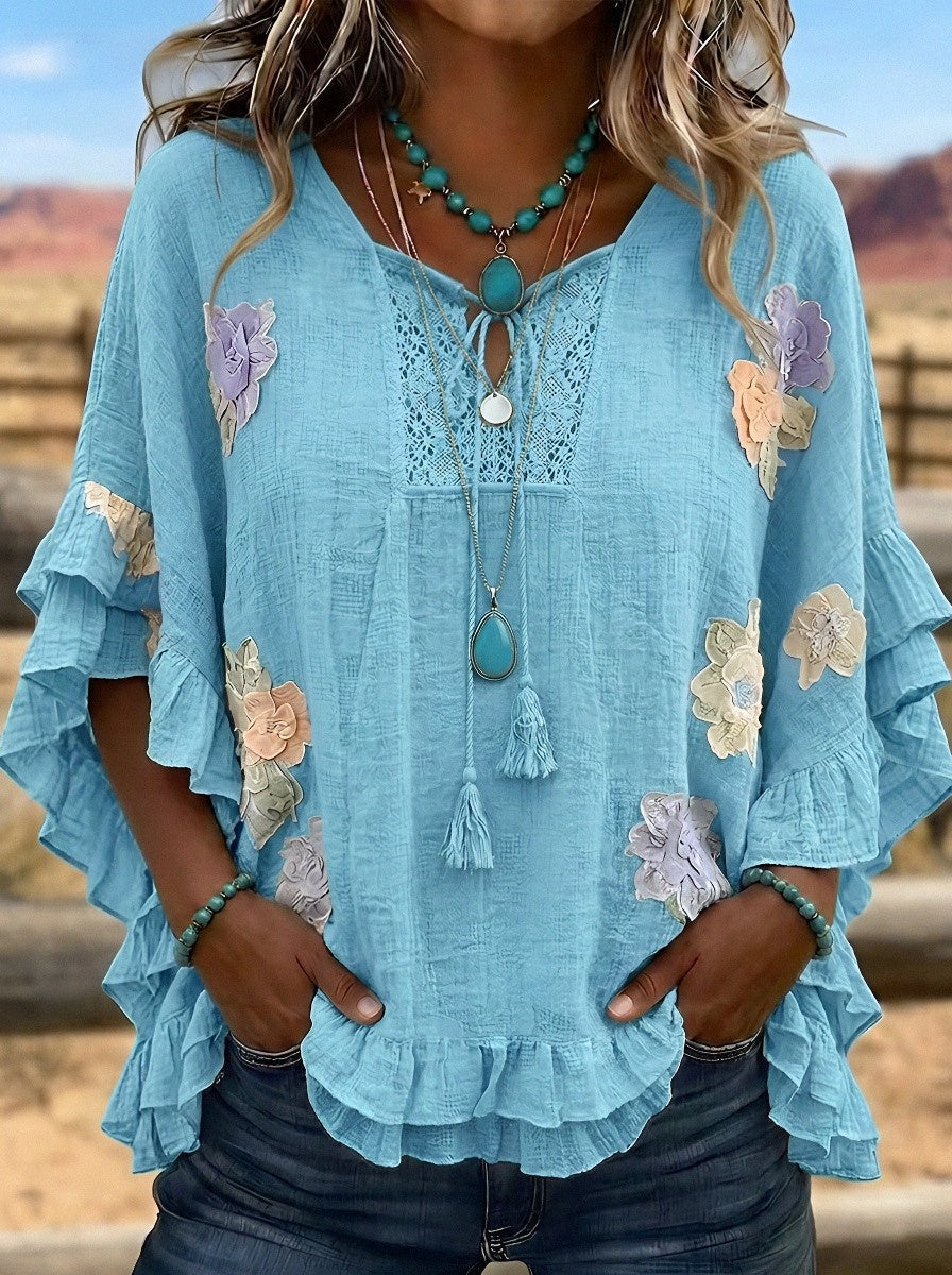 Women's Western Vintage Floral Embroidered Ruffle Sleeve Top