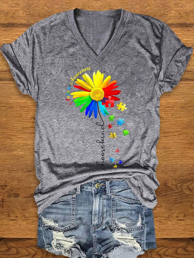 Women's Autism Awareness Floral Print T-Shirt
