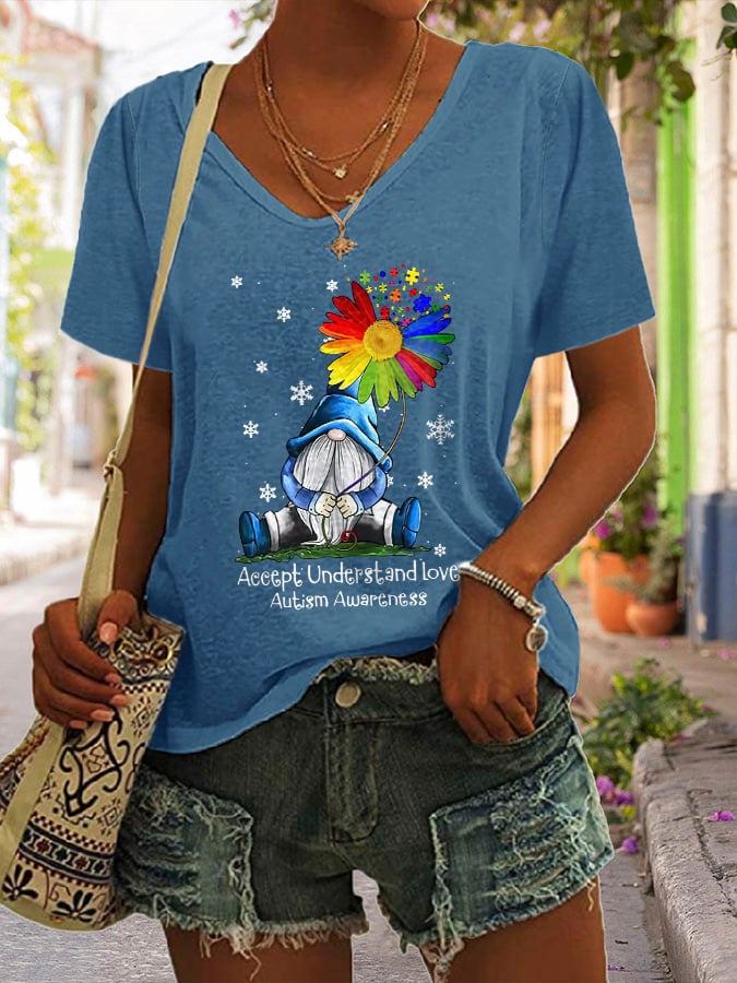 V-neck Gnome Autism Awareness Accept Understand Love Print T-Shirt
