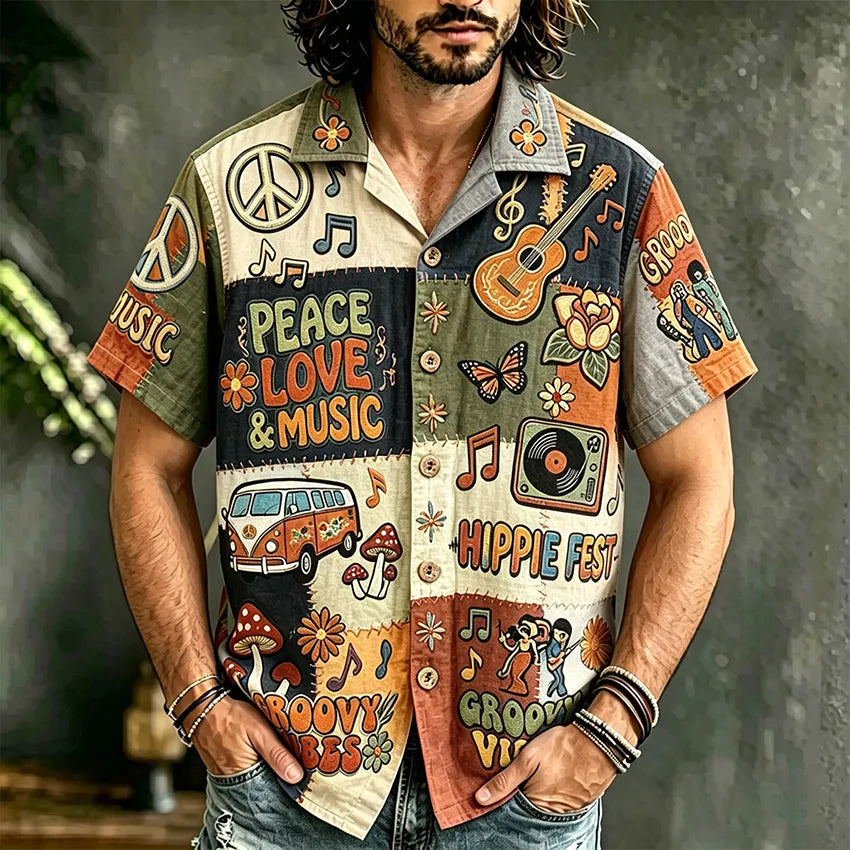 Men's Hippie Style Peace Love Music Patchwork Art Print Casual Shirt