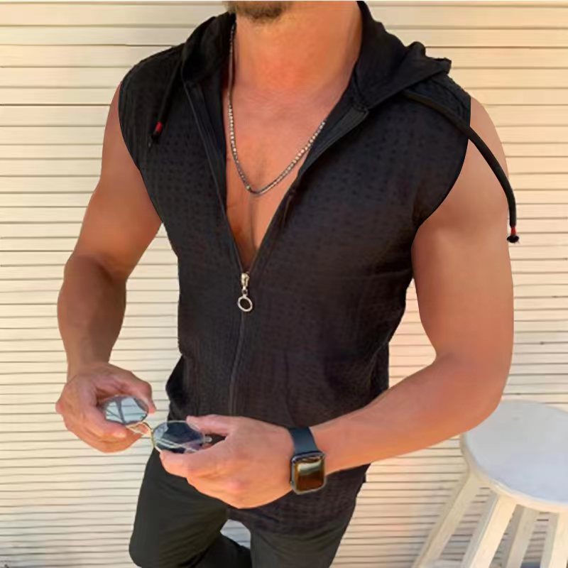 Men's Hoodies With Zipper Pockets  Casual Fashion Sleeveless Hooded Solid Pullover Zipper Sports Tank
