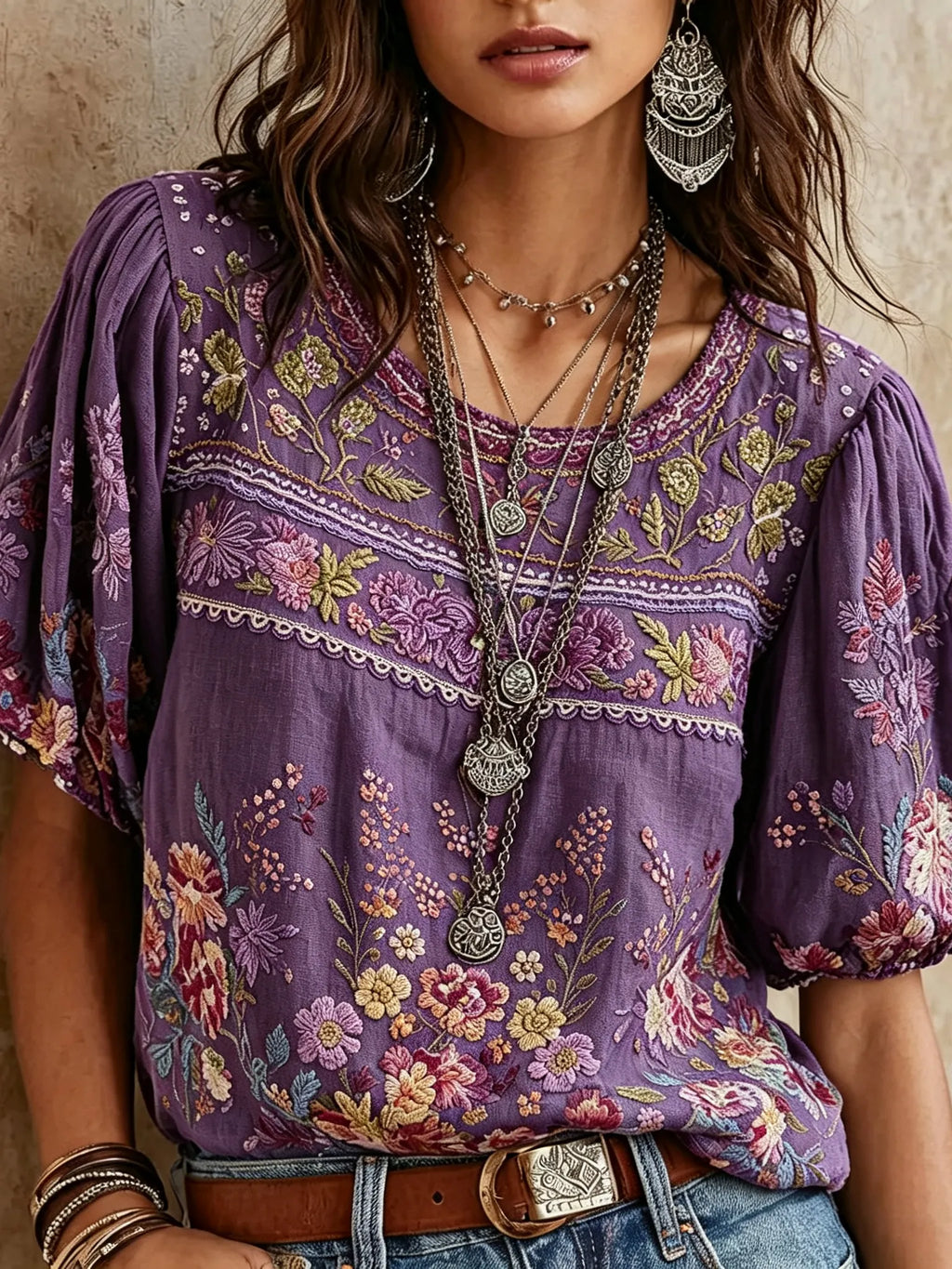 Vintage Classy Gradient Purple Floral Art Linen Blend Loose Short Sleeve Shirt