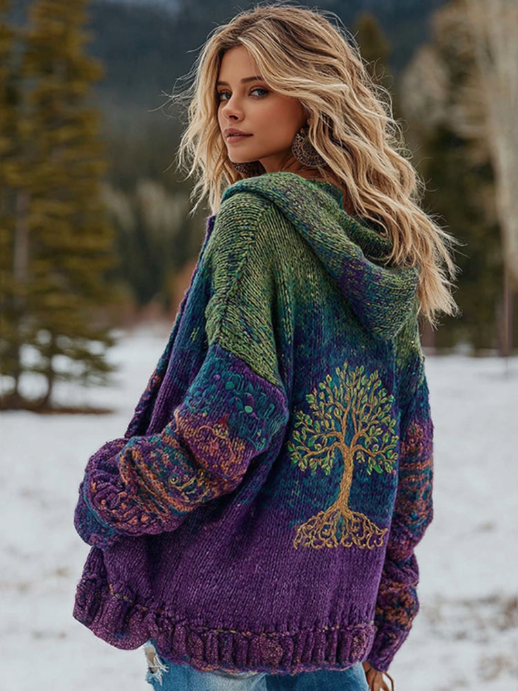 Women's Vintage Viking Tree Of Life And Floral Pattern Knit Zip-up Sweater