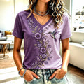 Women's Vintage Floral & Hummingbird Embroidery Art V Neck Short Sleeve T-shirt
