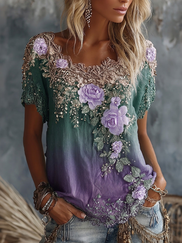 Women's Vintage Floral Gradient Art Flowy Linen Blend Casual Tops