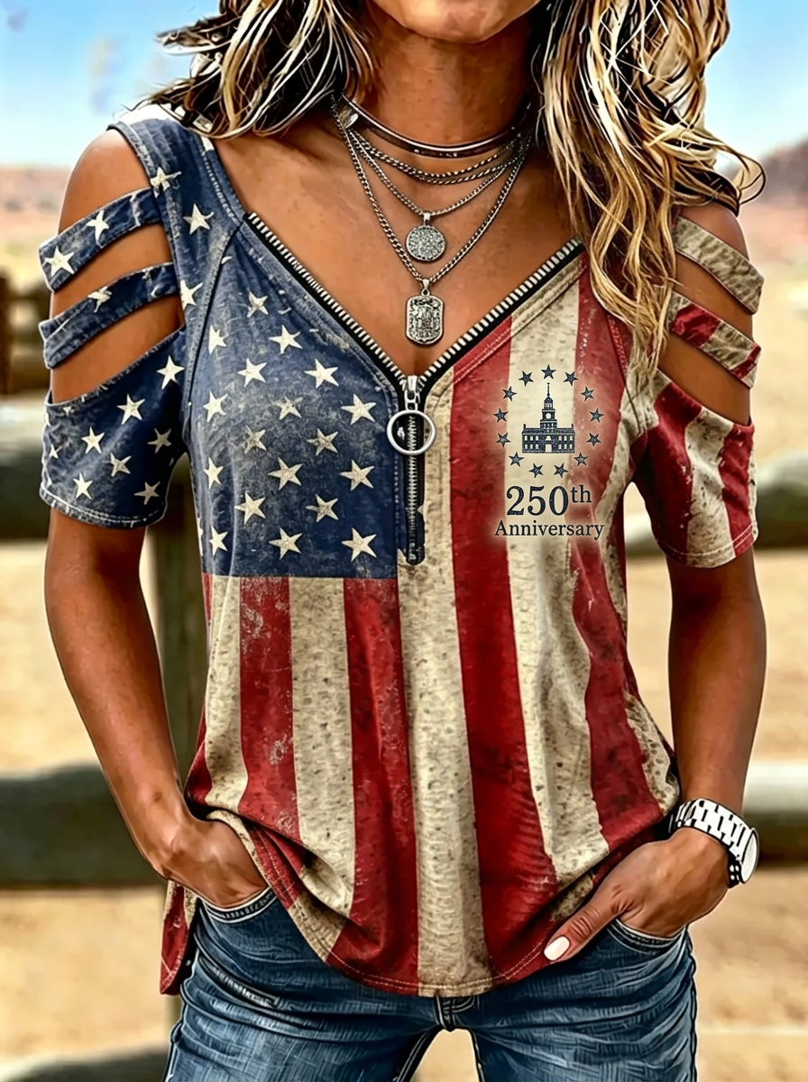 Women's Western Independence Day US Flag 250th Anniversary Printed T-shirt