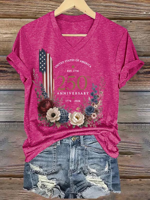 250th Anniversary 1776-2026 Pattern Print V Neck Casual T-Shirt