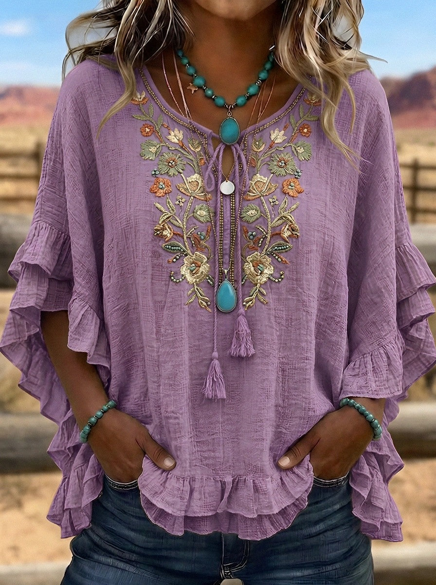 Women's Western Vintage Floral Embroidered Ruffle Printed Top