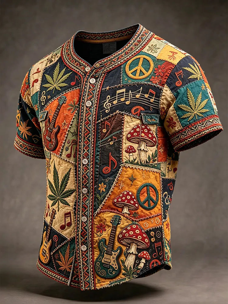 Men's Color-blocked Retro Ethnic Print Short-sleeved Cotton And Linen Shirt
