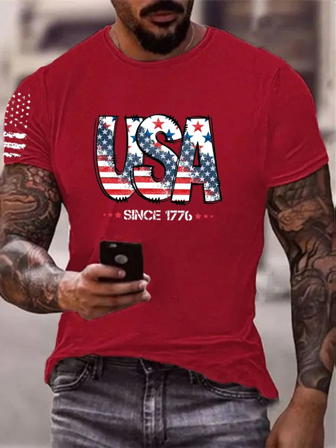 Men'S Usa Since 1776 Pattern Print Cotton T-Shirt