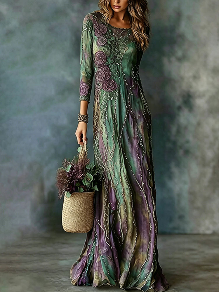 Women's Vintage Romantic Floral Art Round Neck Long Sleeve Maxi Dress